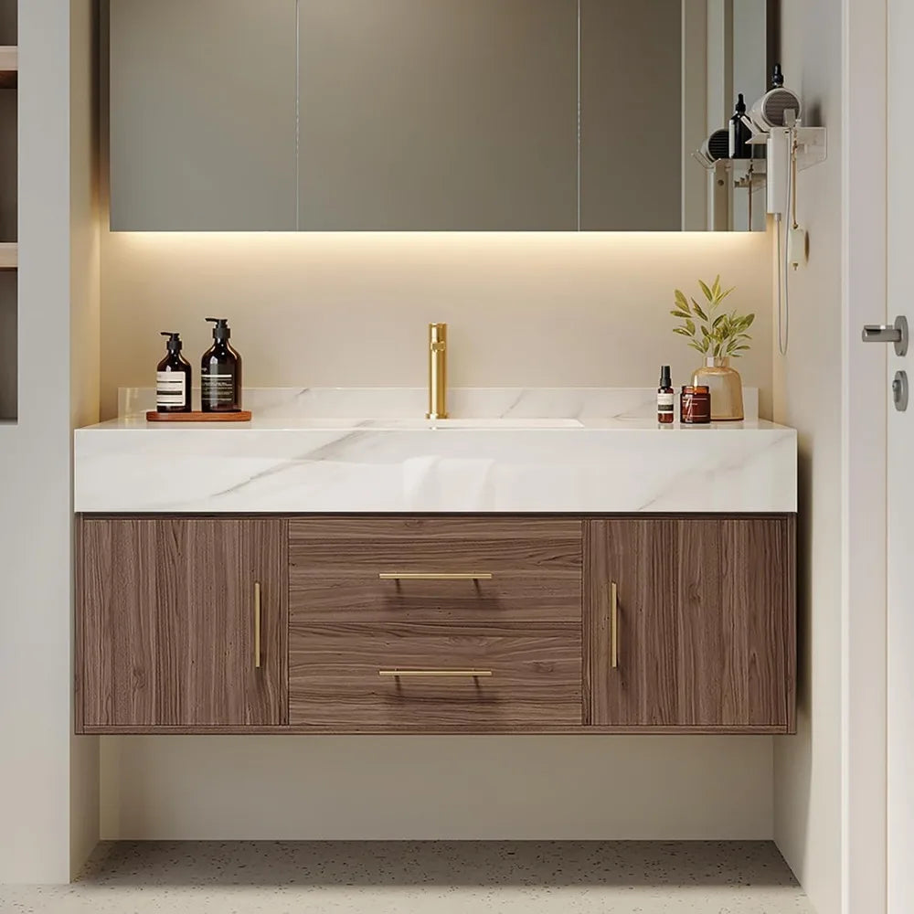 Floating Vanity, Sintered Stone Sink, 2 Drawers, 2 Walnut Doors