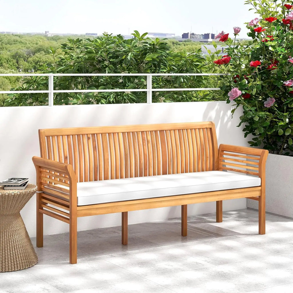 Wooden Indoor/Outdoor Bench, Cushion, Curved Armrest, Slatted Back 23x62.5x30.5