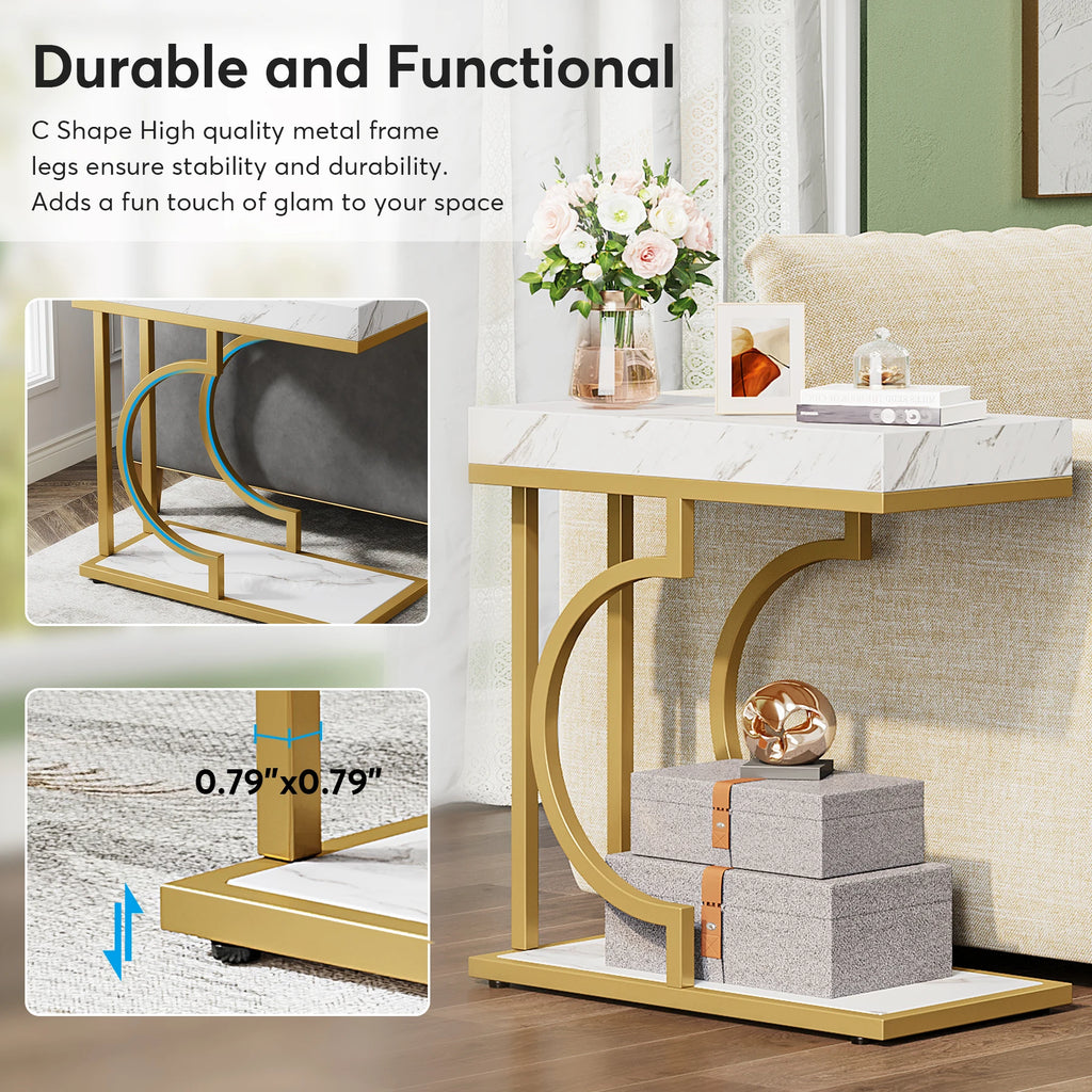 Narrow Side Table White Gold C Shaped End Table