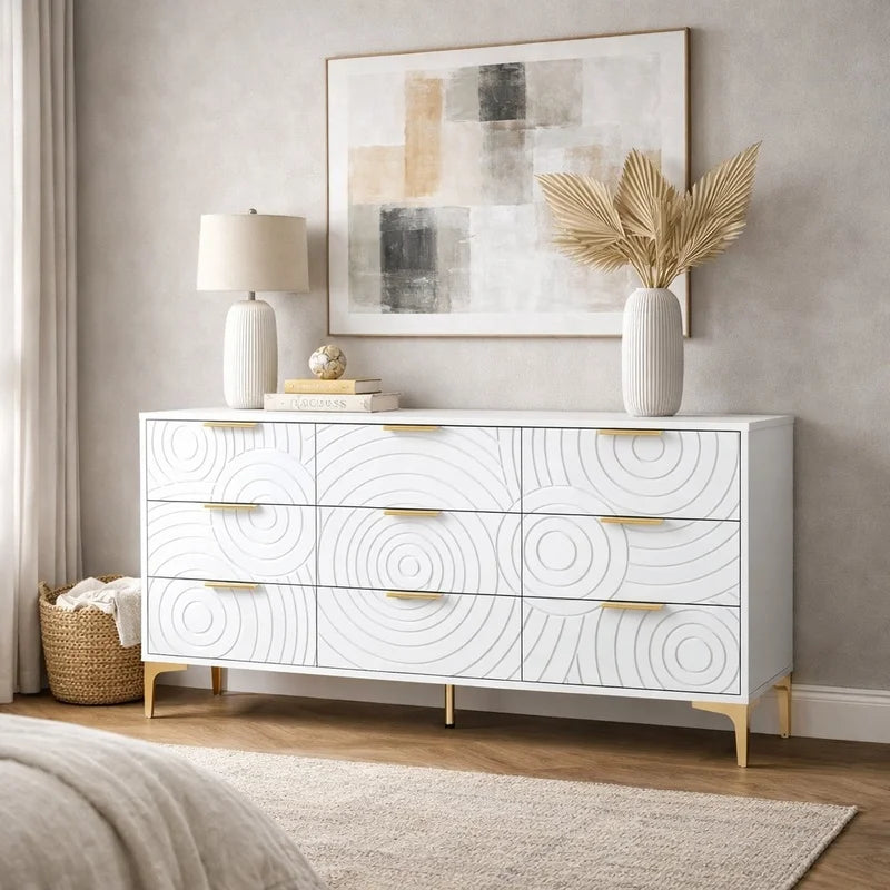 Modern White 9-Drawer Dresser, Metal Handles, Large Storage Chest