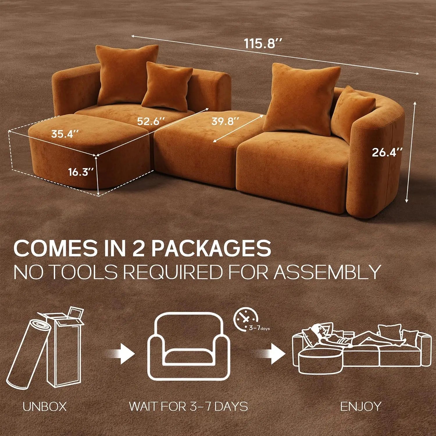 116" 4 Seat Sectional Couch Ottoman, Curved Back Sofa Oversized