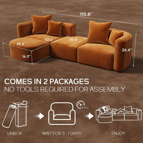 116" 4 Seat Sectional Couch Ottoman, Curved Back Sofa Oversized
