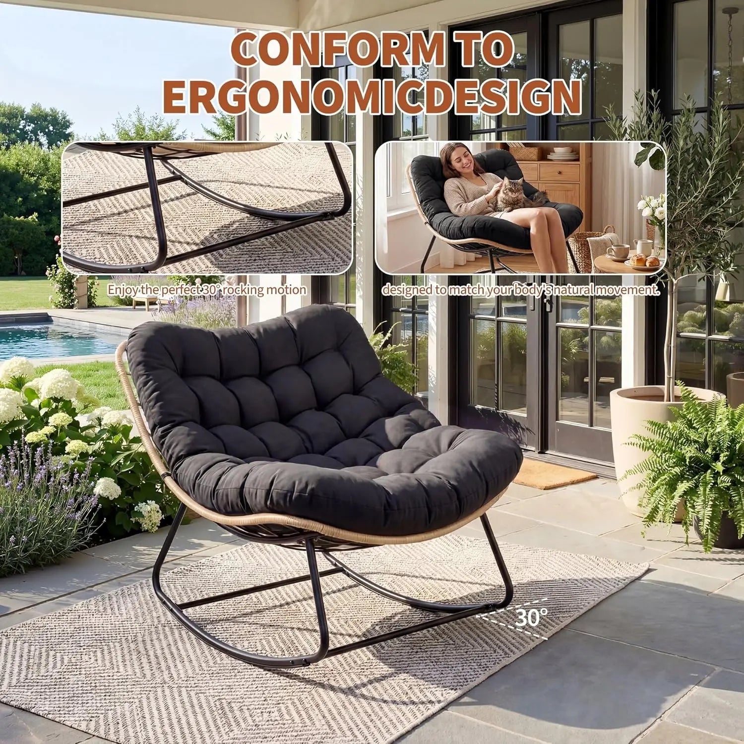 Oversized Papasan Rocking Chair, Thick Cushion, Curved Leg Wicker Rattan Rocker