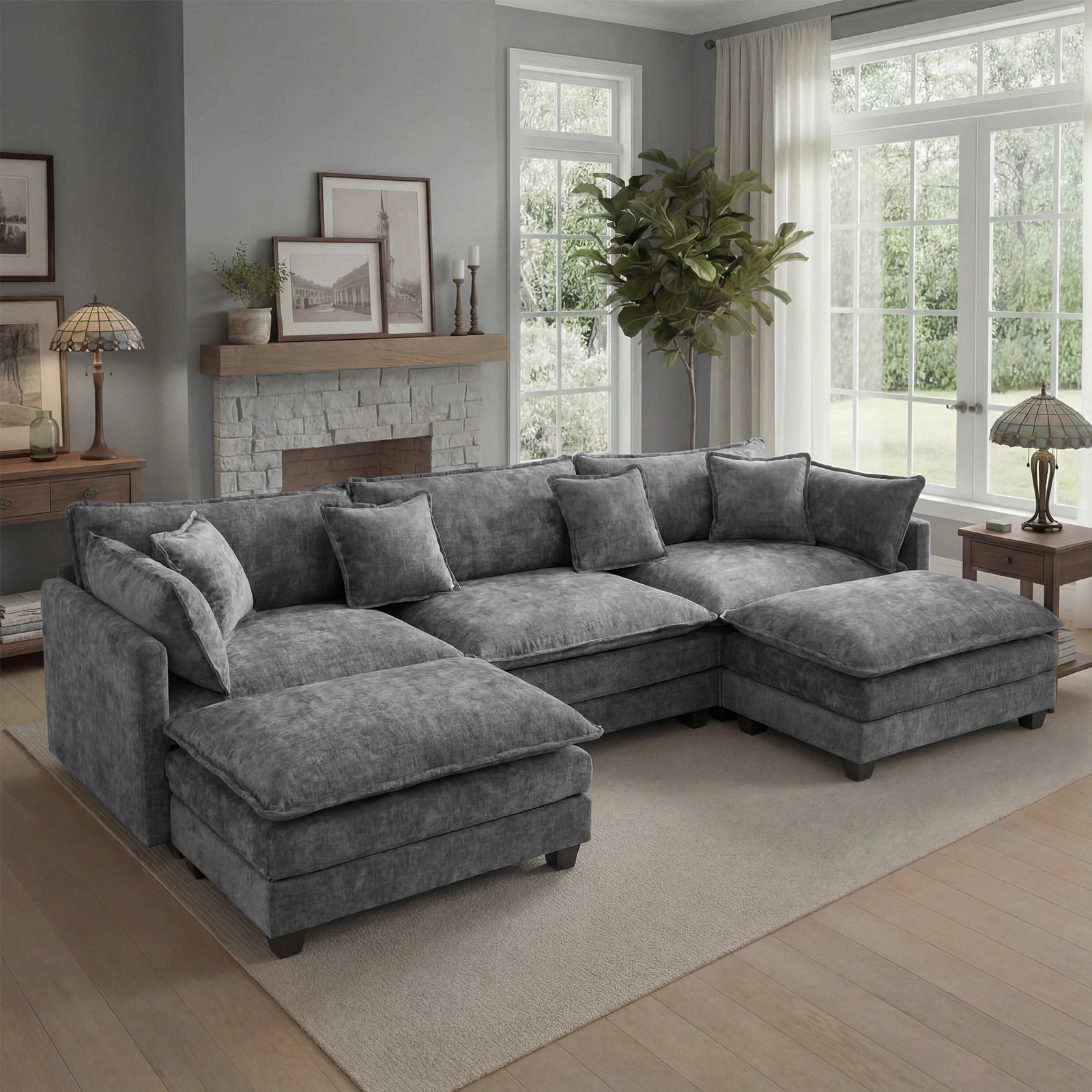 113.4" Sectional Sofa, Ottoman, Cloud Couch, Deep Seat (23.6" D)