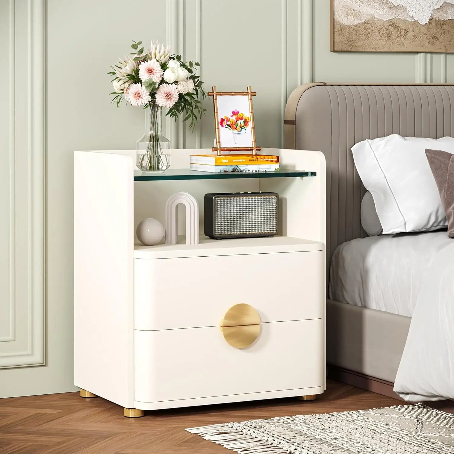 Nightstand w/2 Drawers, w/Open Storage Shelf, Tempered Glasses