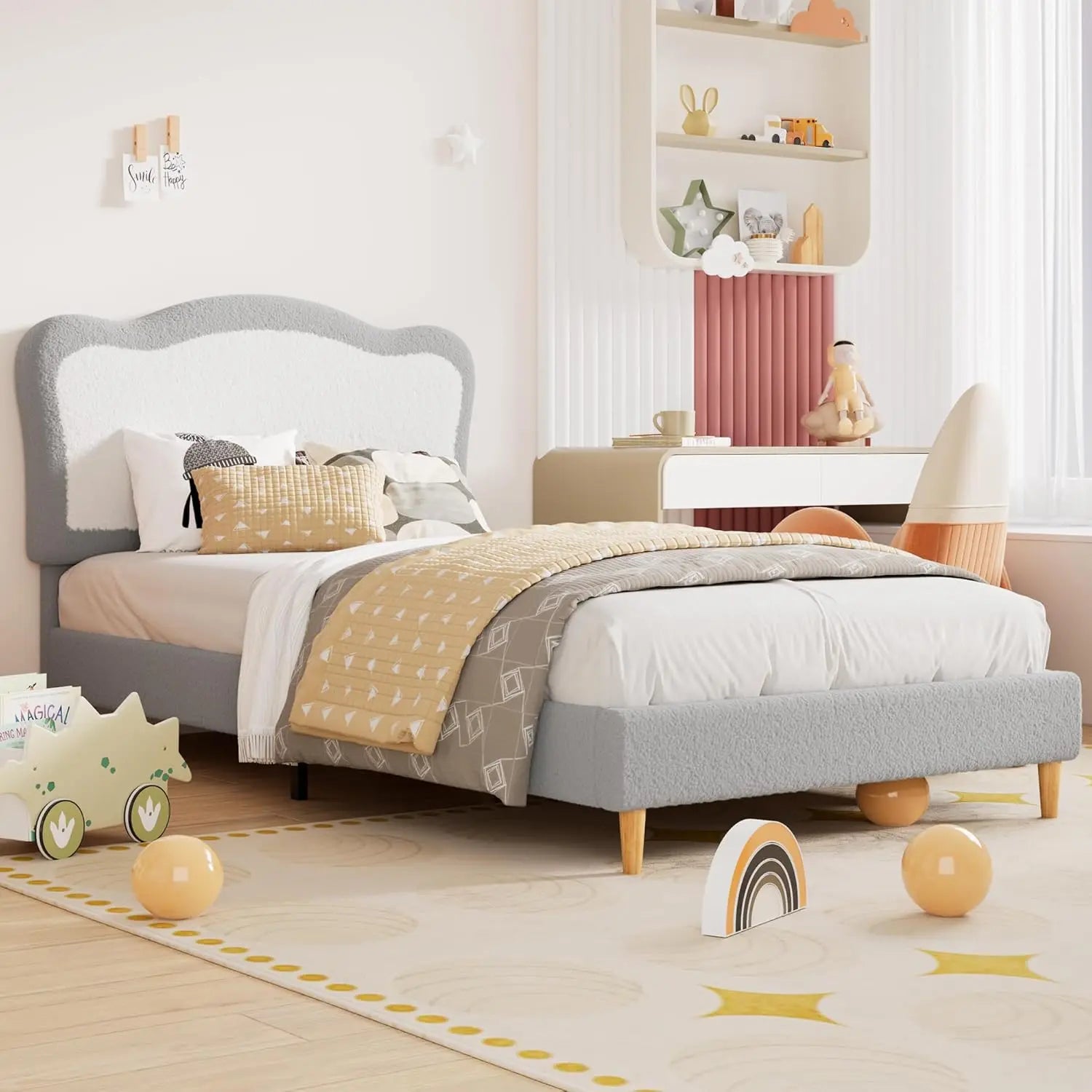 Twin Upholstered Bed, Scallop Headboard Velvet Platform Wooden Slats Noise Free