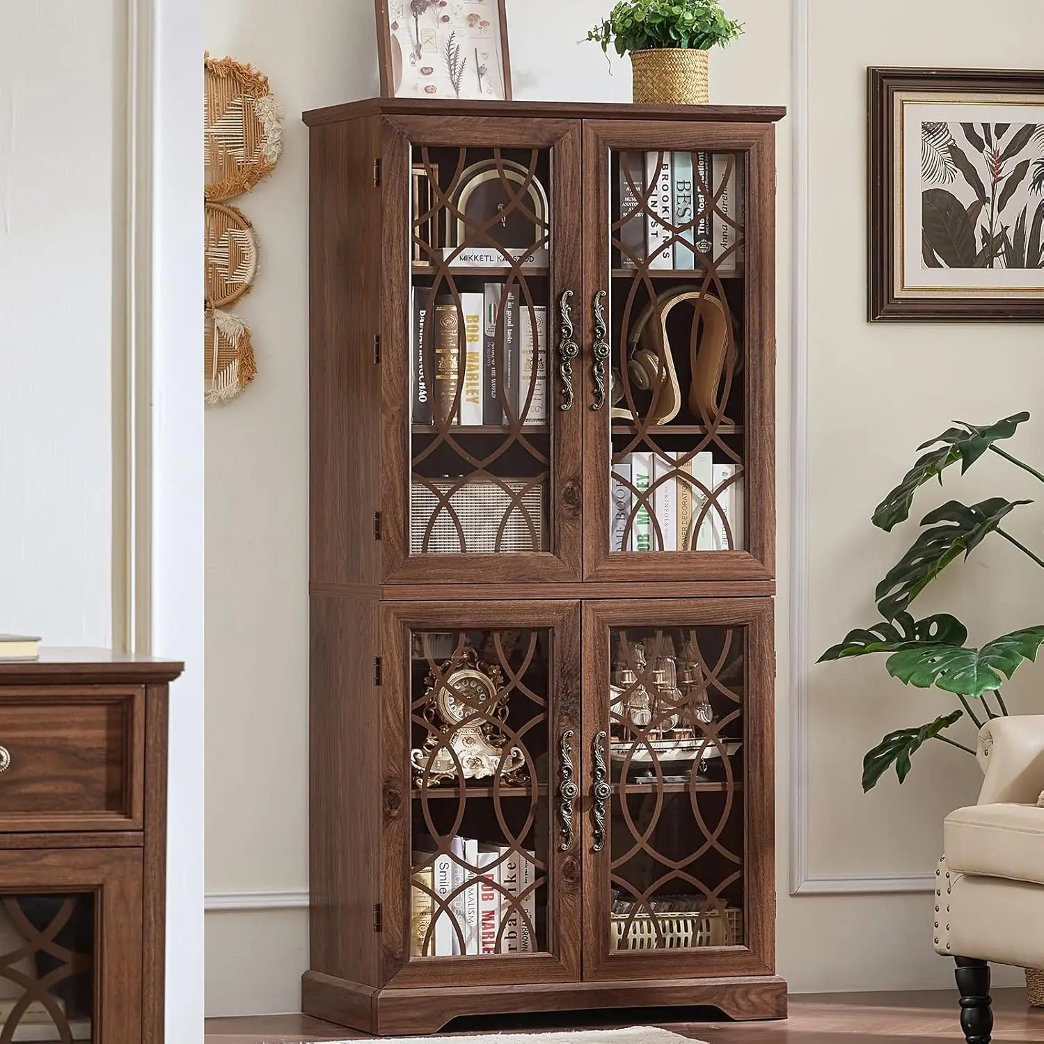 67" Wood Bookshelf Glass Doors 5-Tier Adjustable Shelves , Office White
