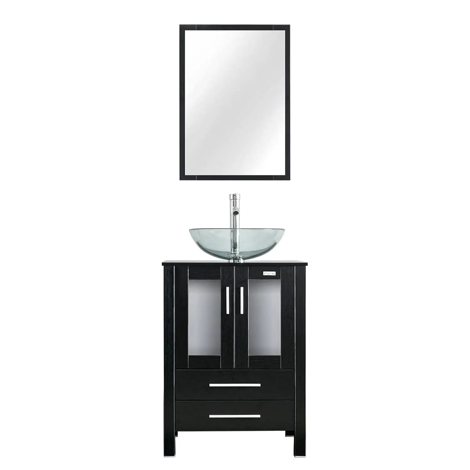 24" Vanity Blue Glass Vessel 2 Drawers Cabinet Soft Closing