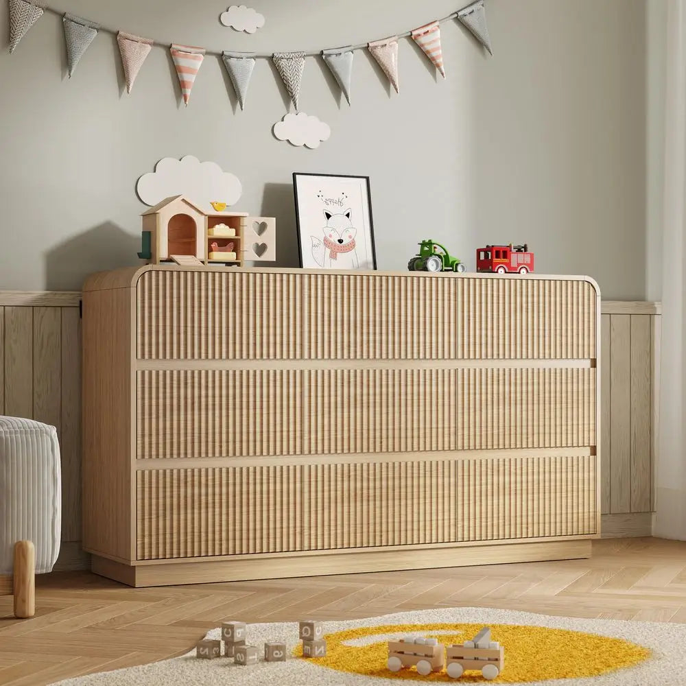 9-Drawer Dresser, Fluted Chest of Drawers Round Curved Corner, Hidden Handles