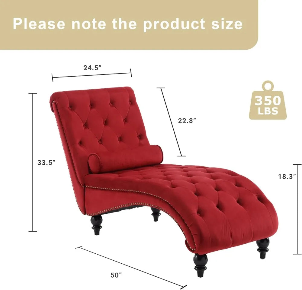 Velvet Upholstered Chaise Lounge with Pillow, Tufted Armless Recliner, Red