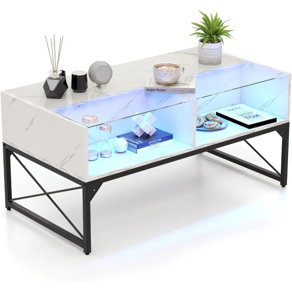 LED High Gloss Faux Marble Tempered Glass Top Coffee Table 4 Cubes