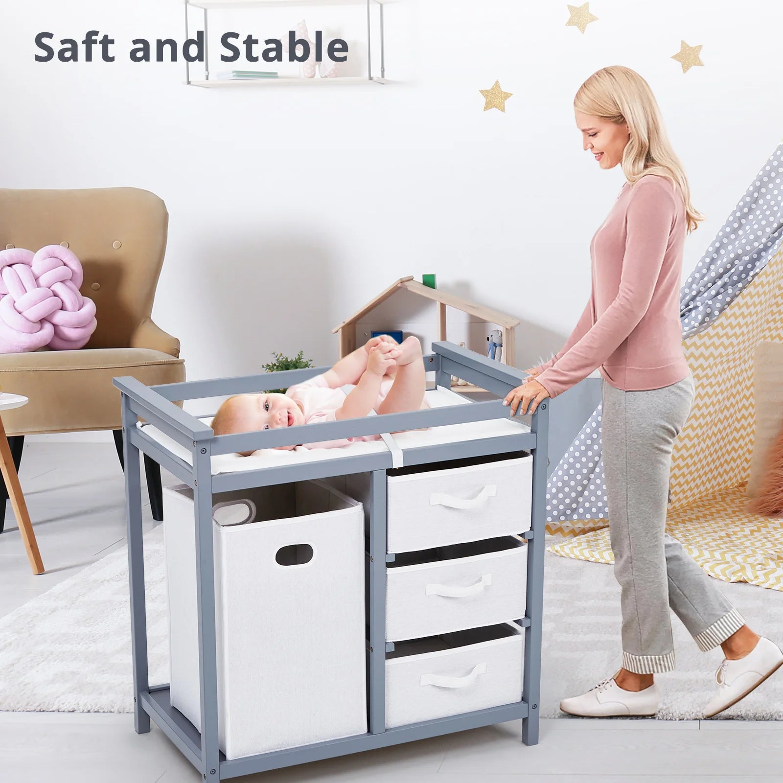 StrollerWooden Baby Changing Table, Wooden Infant Diaper Changing Station Dresser with Laundry Hamper, 3 Drawer Basket and Chang