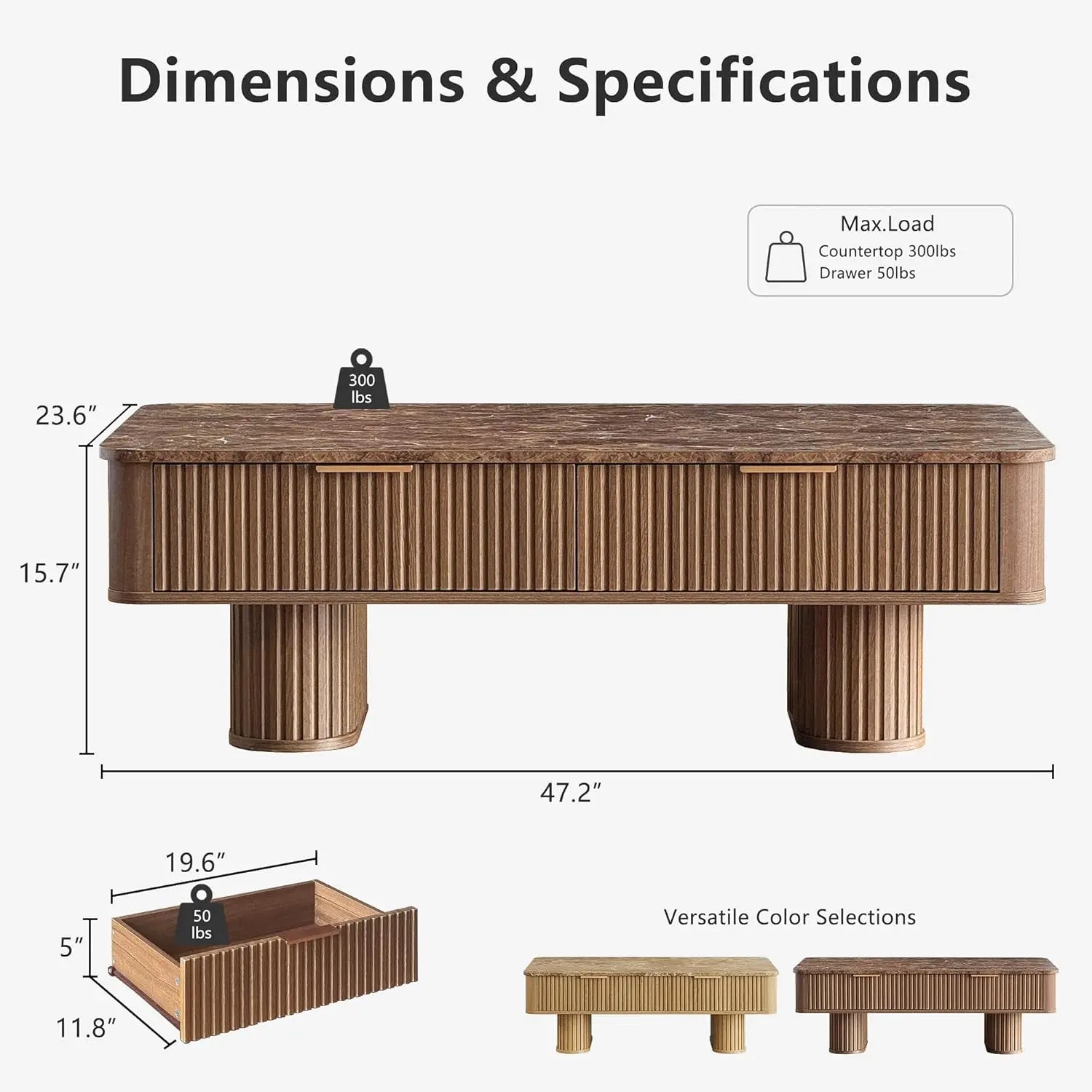 Fluted Coffee Table Storage, Faux Marble Top, Minimalist Rectangle Shape