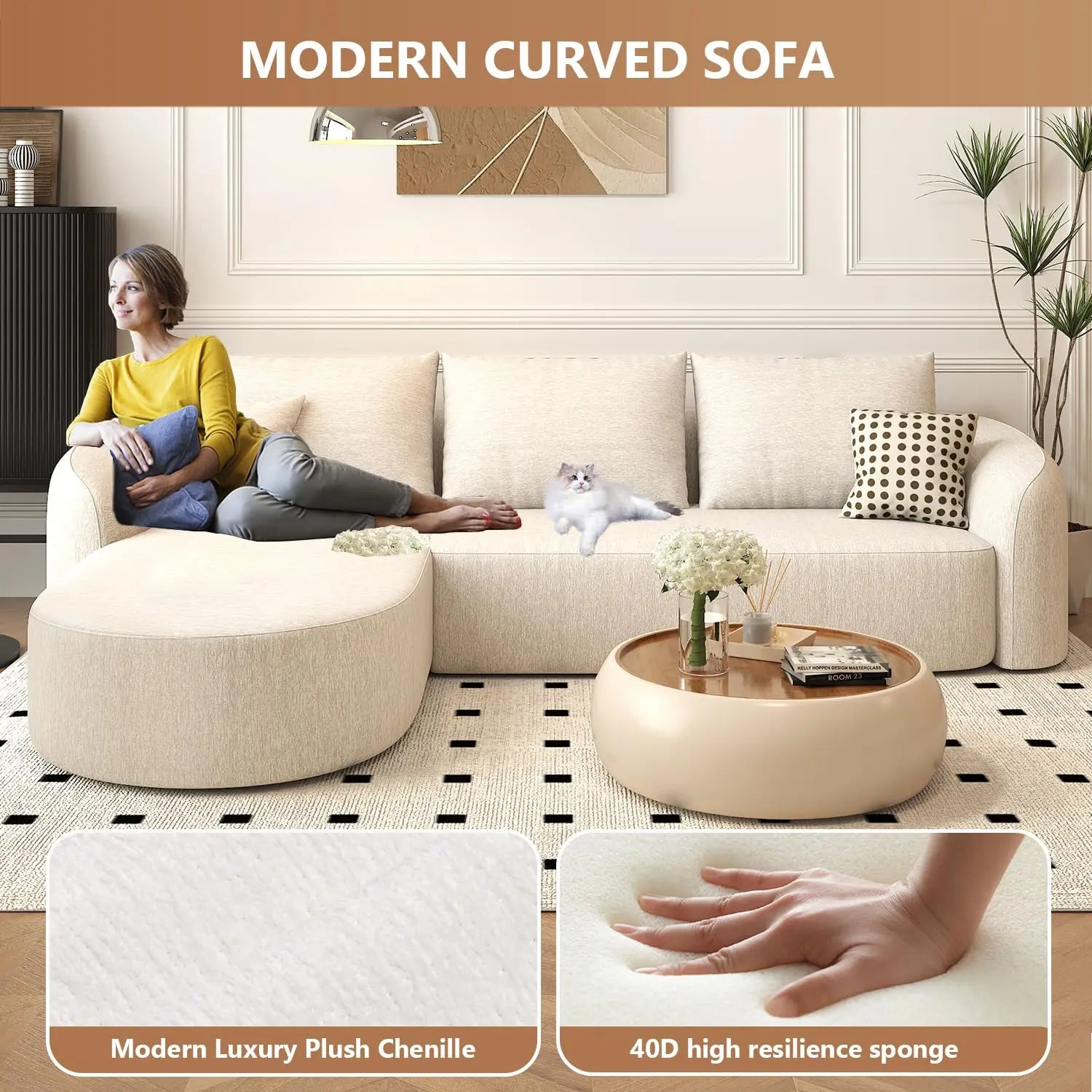 111" Modular Sectional Curved Back Sofa, L-Shape Boneless Cloud Couch