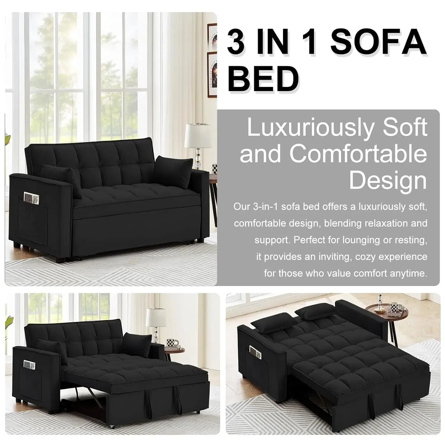 55" 3-in-1 Loveseat Sleeper Sofa Adjustable Reclining Pull Out