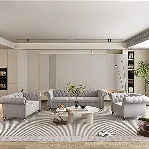 3-Piece Set, Velvet Chesterfield Sofa, Loveseat, Chair with Scroll Arms