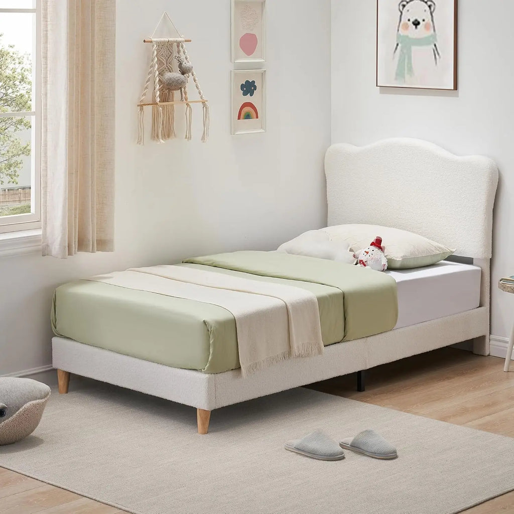 Twin Upholstered Bed, Scallop Headboard Velvet Platform Wooden Slats Noise Free