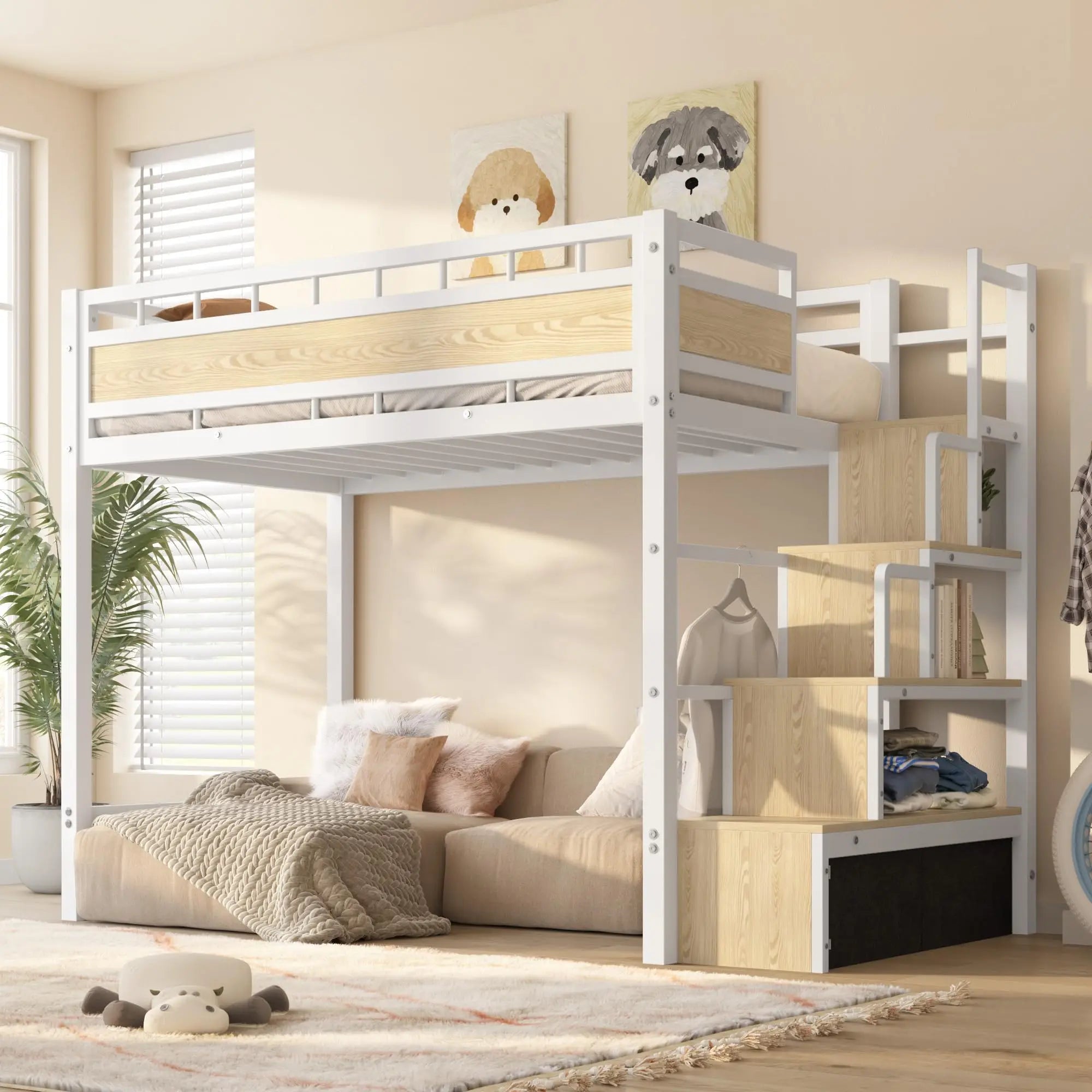 Twin Size Loft Bed w/Stairs, 53.5” Under-Space for Sofa and Desk