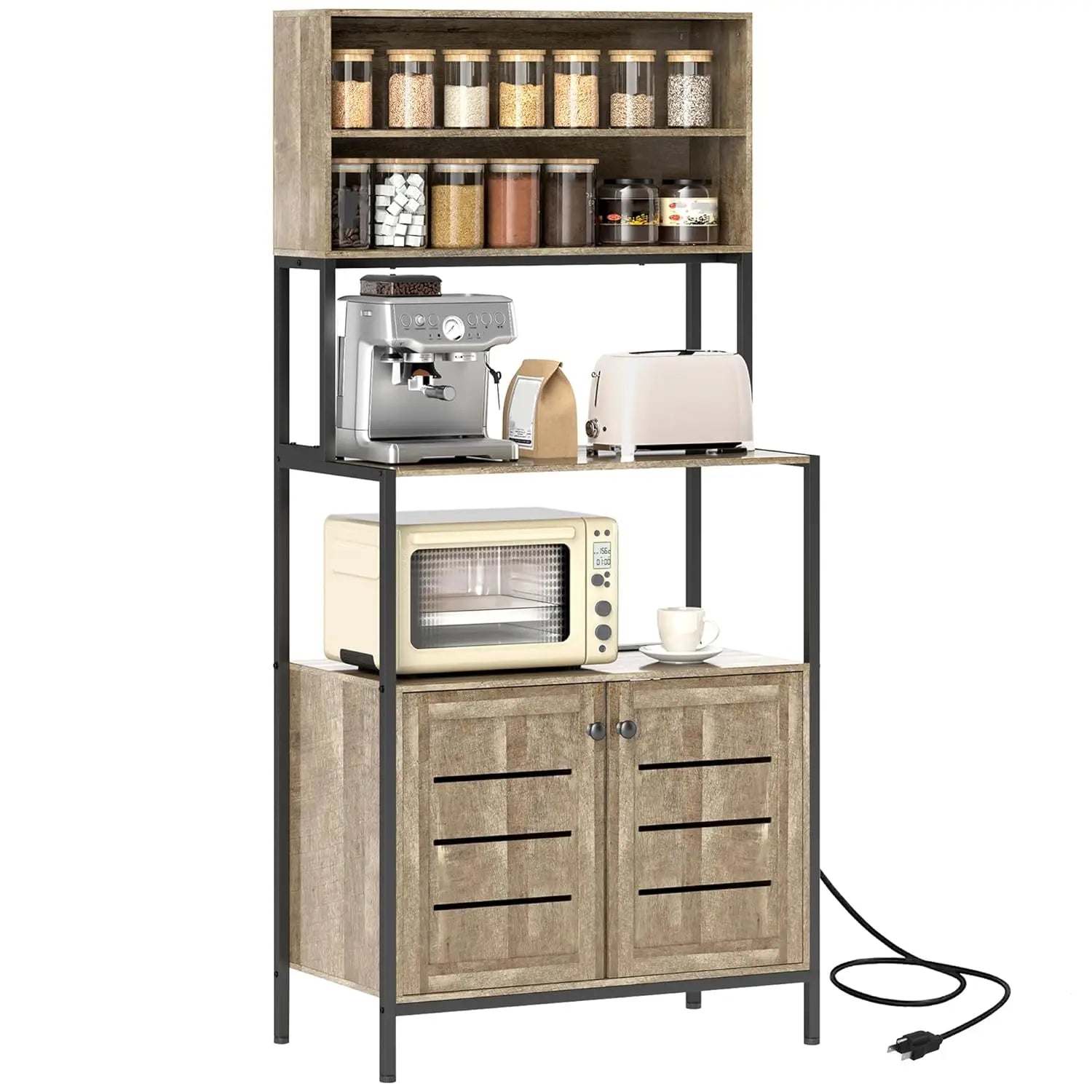 Baker's Rack w/Power Outlet, Cabinet with Storage Shelves, Louvred Door
