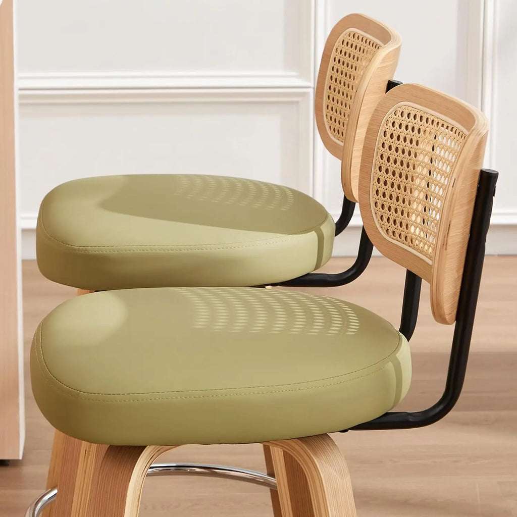 2 - Natural Rattan Bar Stools, Upholstered PU Leather
