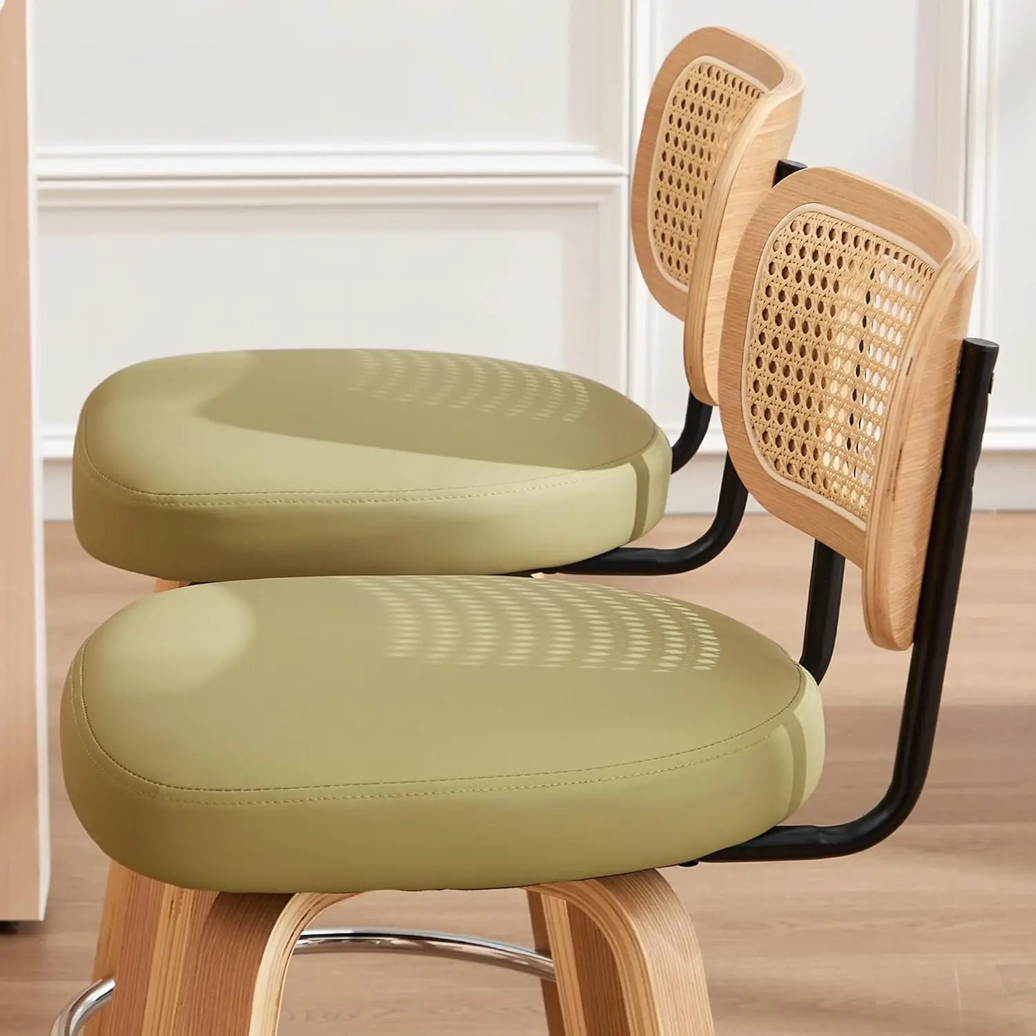 2 - Natural Rattan Bar Stools, Upholstered PU Leather