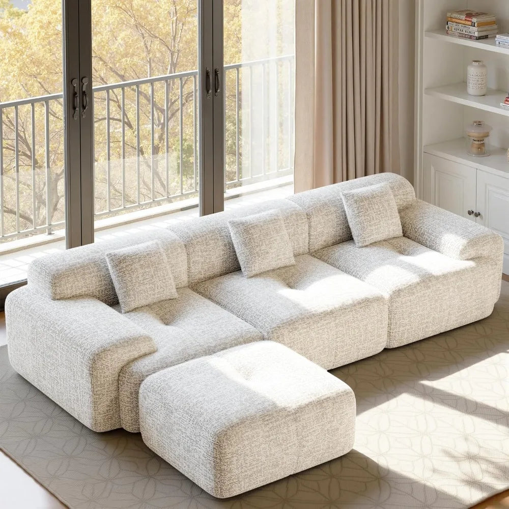 122" L Shaped Boneless Modular Cloud Couch Sectional, Ottoman, 4-Seat