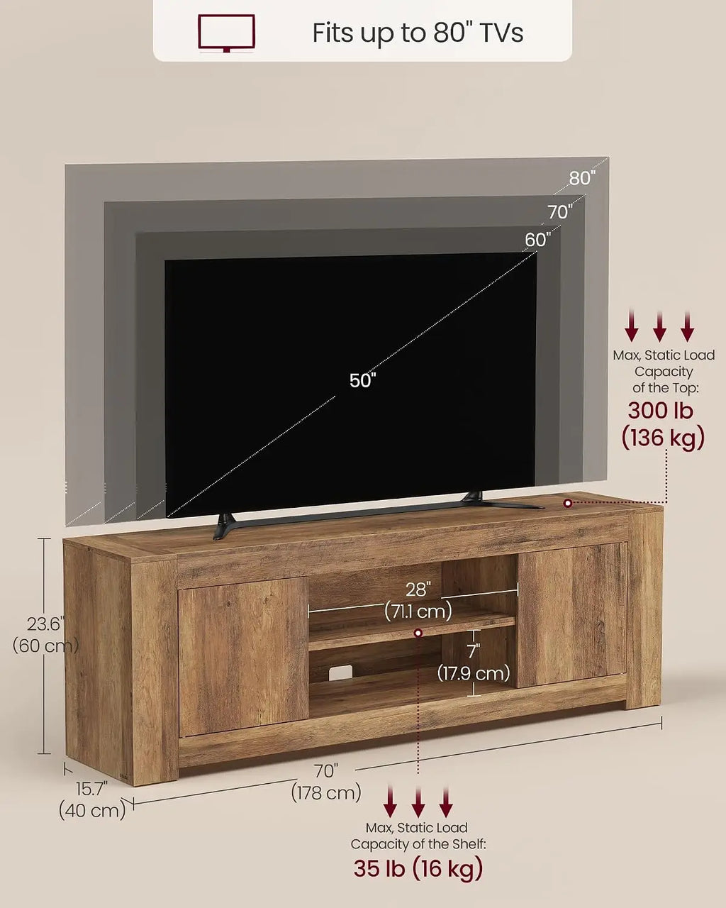 70IN Farmhouse TV Stand Media Console Table with Storage Cabinets