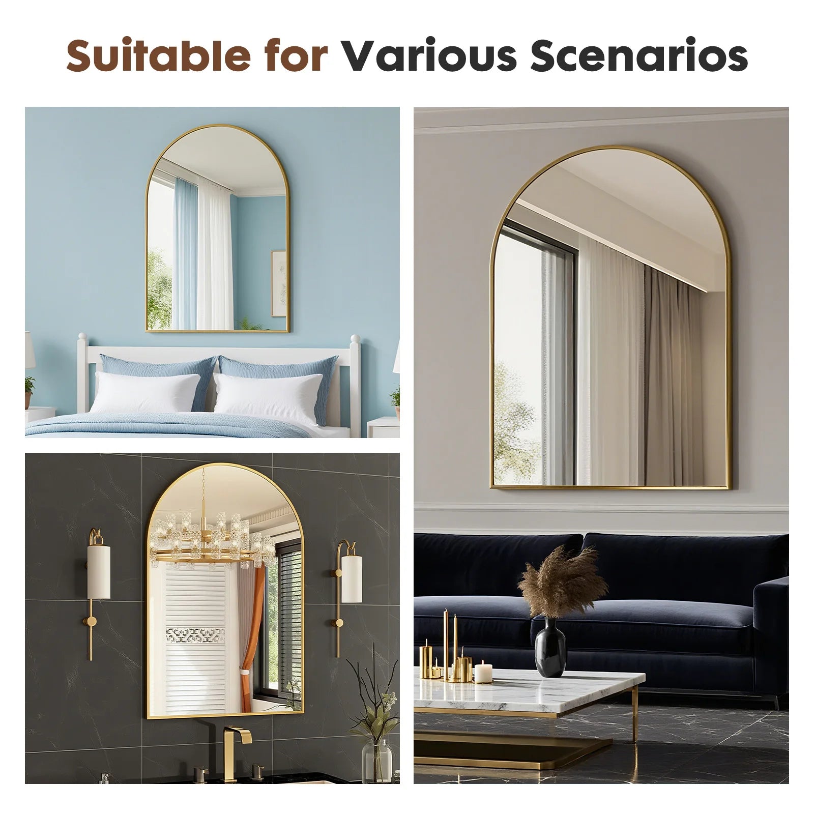 26"x38" Arched Metal Framed Mirrors for Wall Hanging