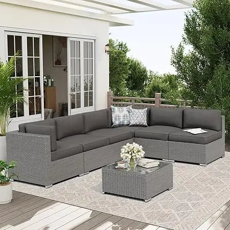 7-Piece Patio Sofa Black Rattan Wicker, Glass Top Table, Cushions