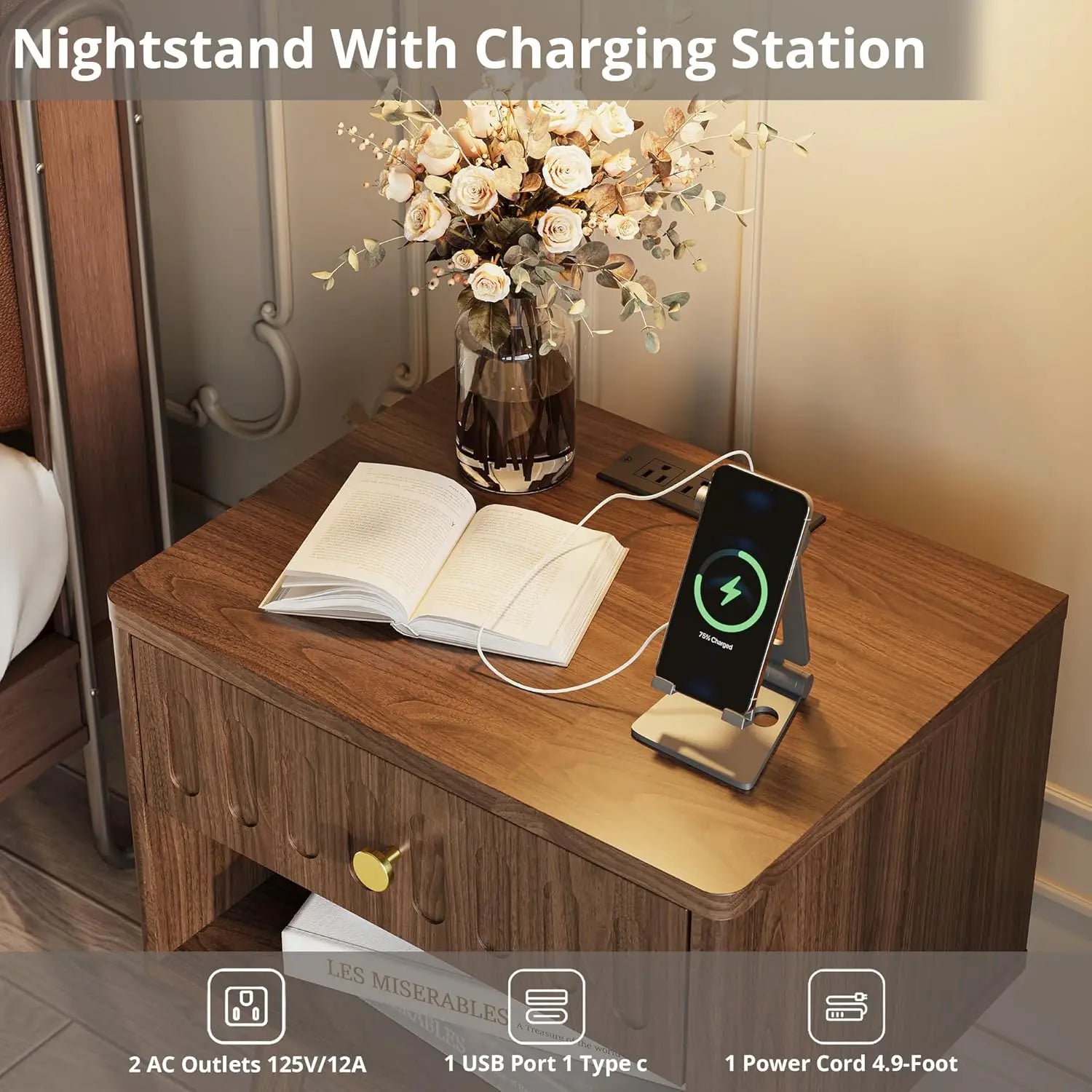 End Table, Drawer, Open Shelf, Charging Station, Capped Legs