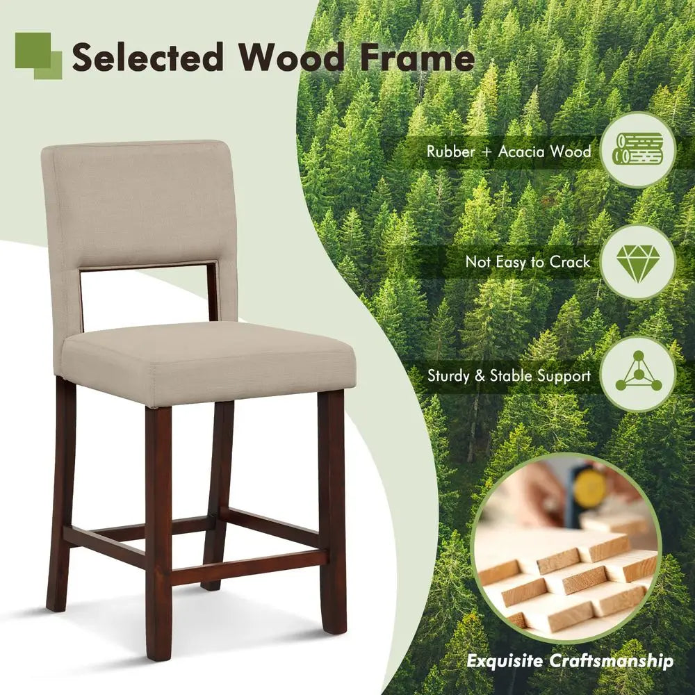 2 - Linen 24.5IN Counter Height Chairs, Hollowed Backs, Rubber Wood Legs