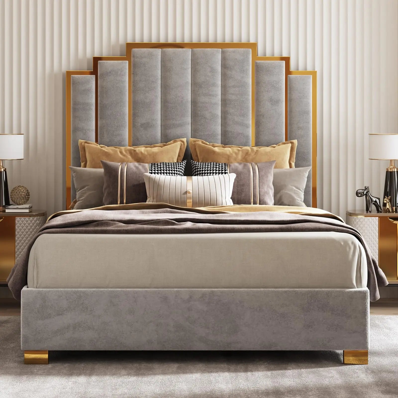 Velvet Bed Frame w/65.4” Tall Gold Trim Headboard, No Box Spring Needed