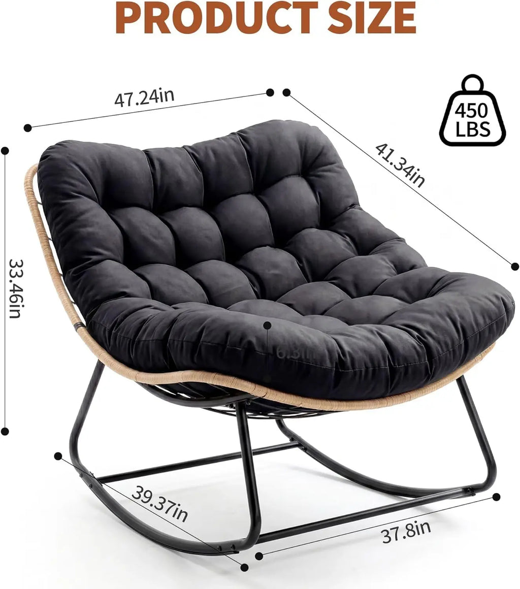 Oversized Papasan Rocking Chair, Thick Cushion, Curved Leg Wicker Rattan Rocker