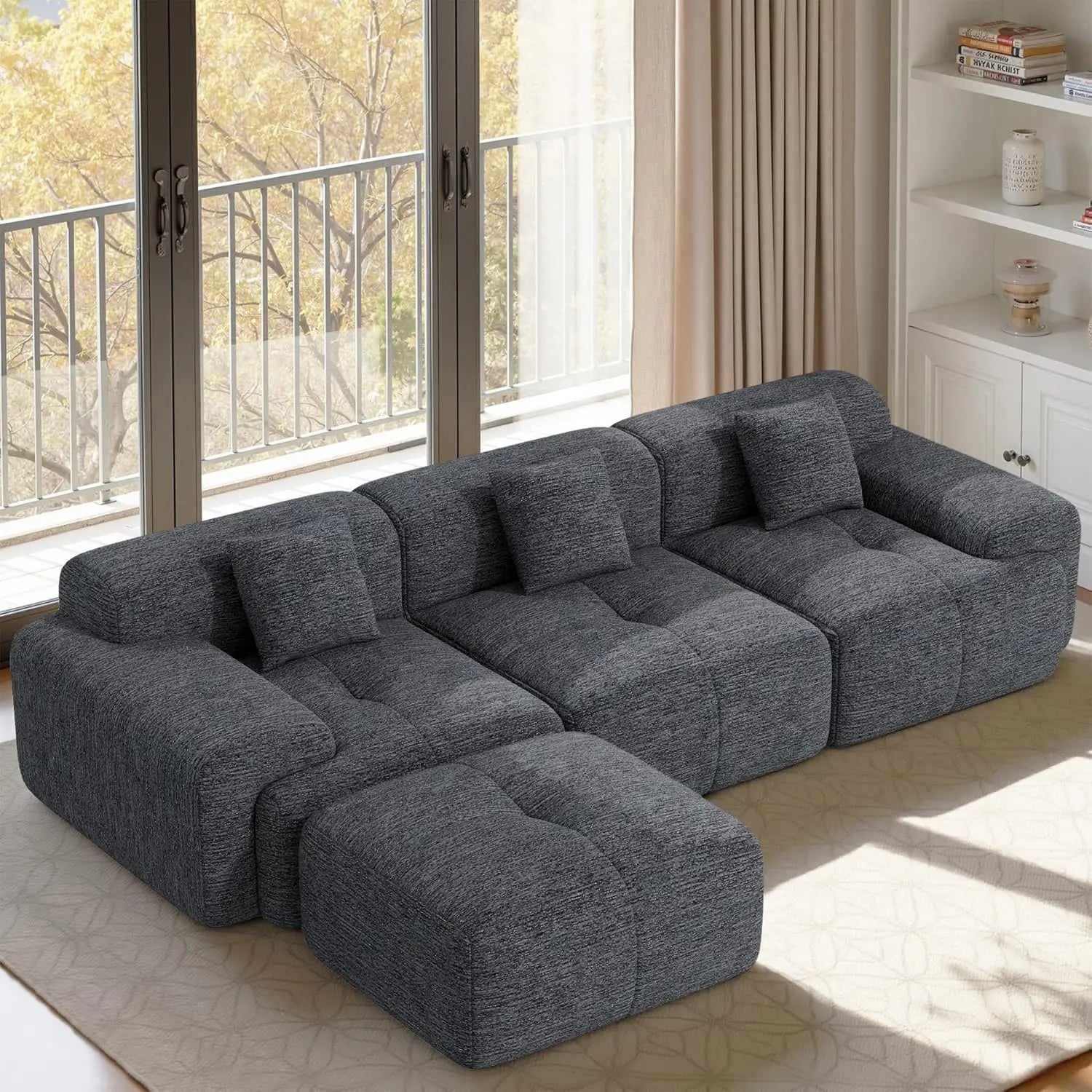 122" L Shaped Boneless Modular Cloud Couch Sectional, Ottoman, 4-Seat