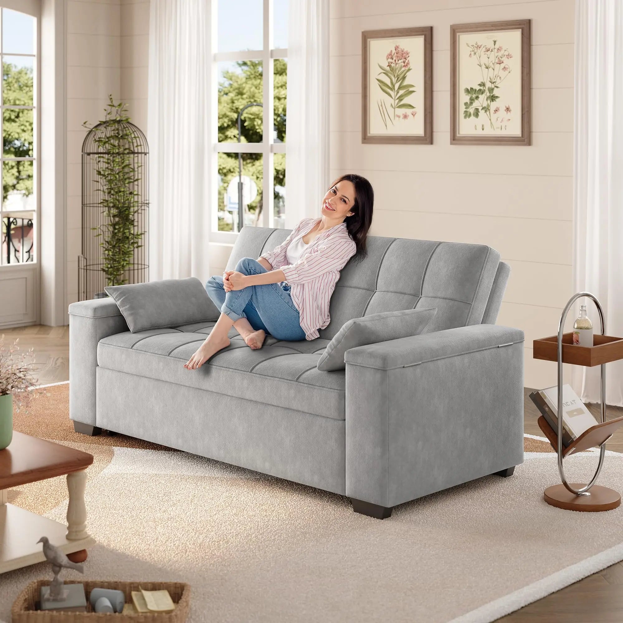 3-in-1 63.6'' Pull Out Couch w/Storage Armrests, Adjustable Backrest & Pocket