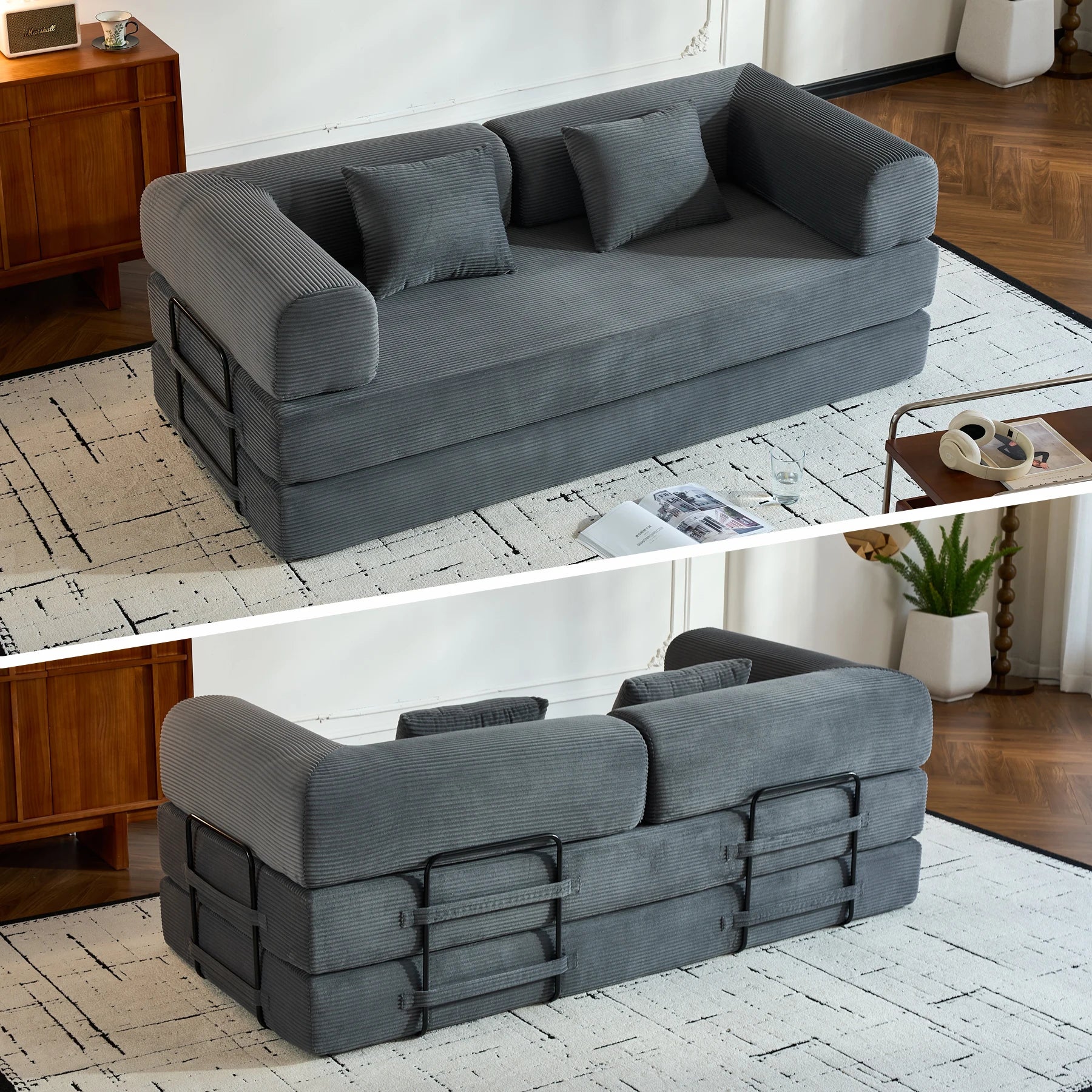 79" Folding Convertible Oversized Corduroy Sofa Bed, Boneless Loveseat