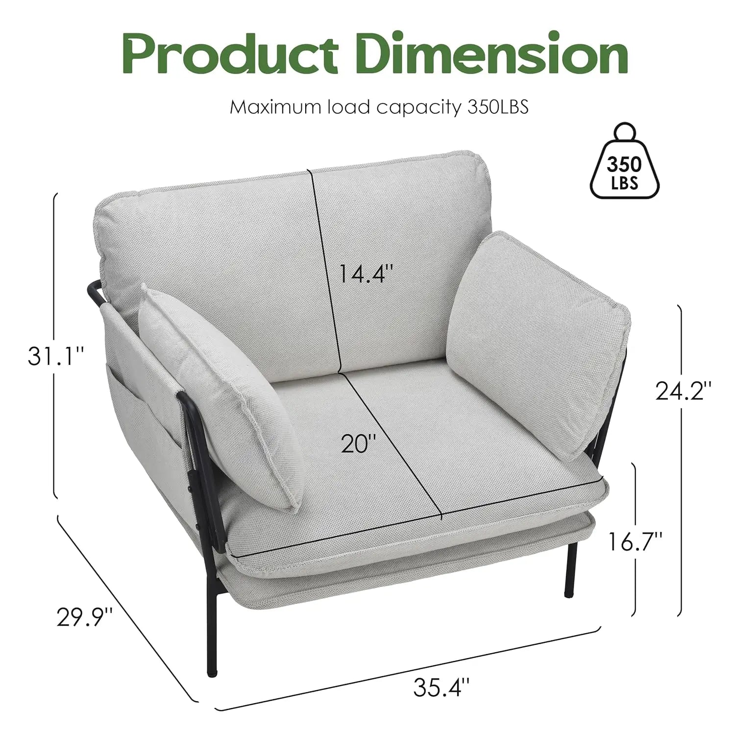 Oversized Accent Chair with Solid Metal Legs, Upholstered Fabric