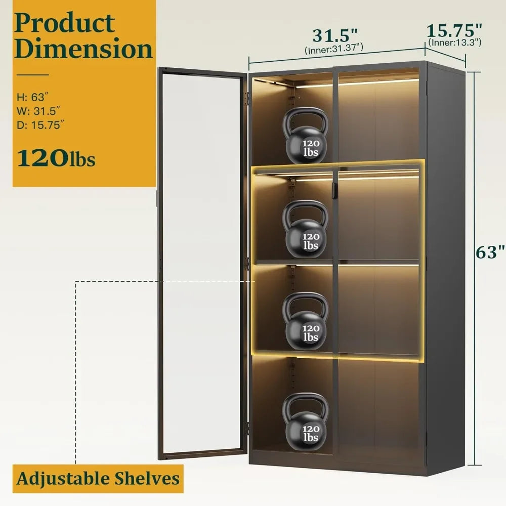 Display, Glass Doors LED Lights, 3 Adjustable Shelves, 4-Tier Shelves