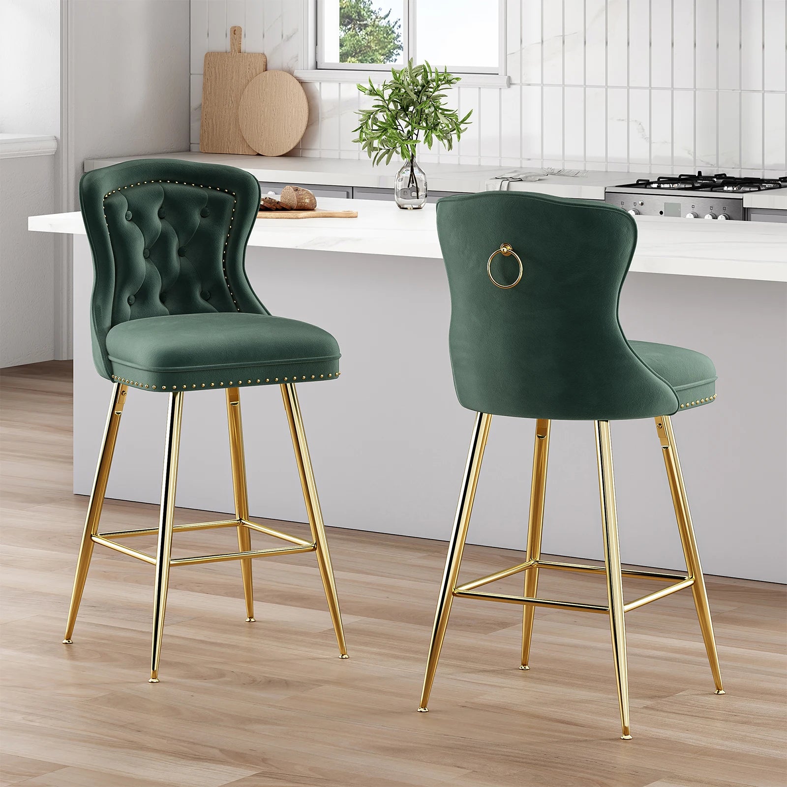 2-Set Bar Stools, Counter Height, Metal Legs, Button Tufted, Nail Heads