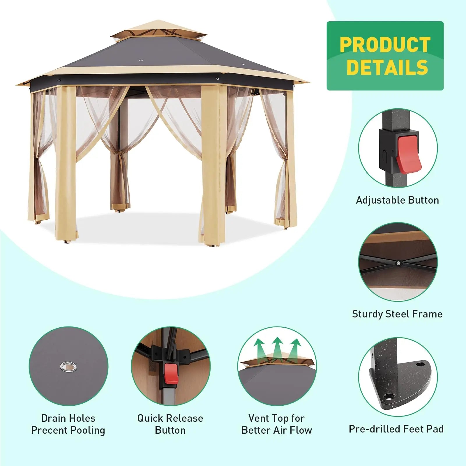 13'x13' Heavy Duty Pop Up Gazebo/Canopy Tent W/Mosquito Netting Double Roof