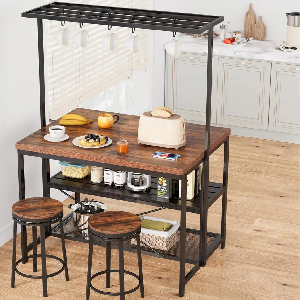 42" Island Storage Seating, 3-Tier Baker's Rack, Microwave Stand, Hooks 50lb Capacity