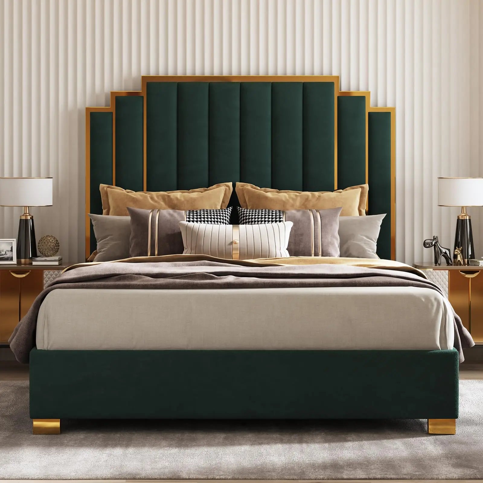 Velvet Bed Frame w/65.4” Tall Gold Trim Headboard, No Box Spring Needed