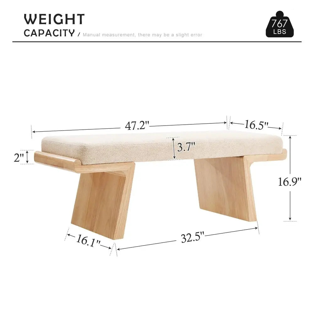 Natural Wood Upholstered Bench, End of Bed Ottoman, Padded Seat