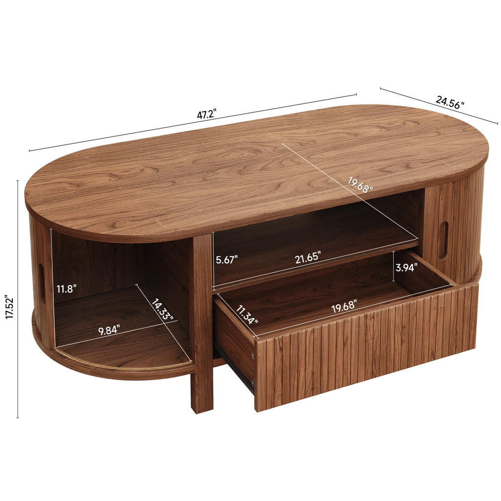 Oval Coffee Table, 47 Inch Fluted with Cabinets & Sliding Doors, Storage
