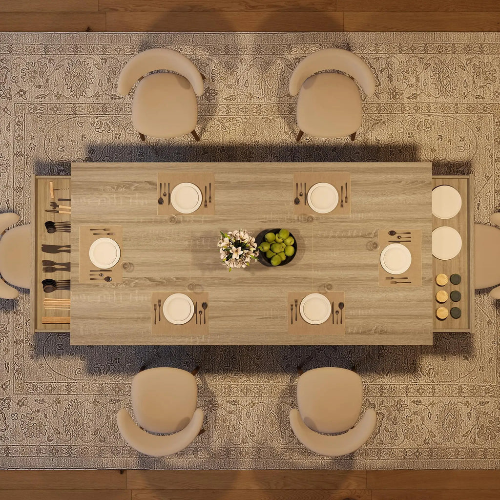 71" Dining Table Seats 6-8 People With 2 Drawers, Double Pedestal
