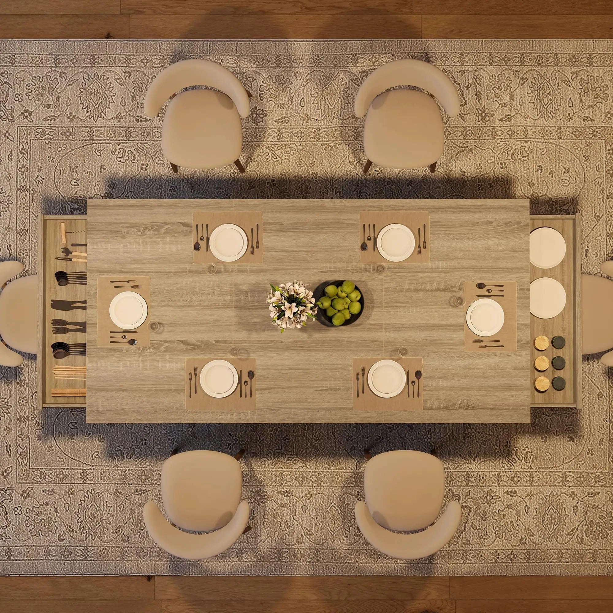 71" Dining Table Seats 6-8 People With 2 Drawers, Double Pedestal