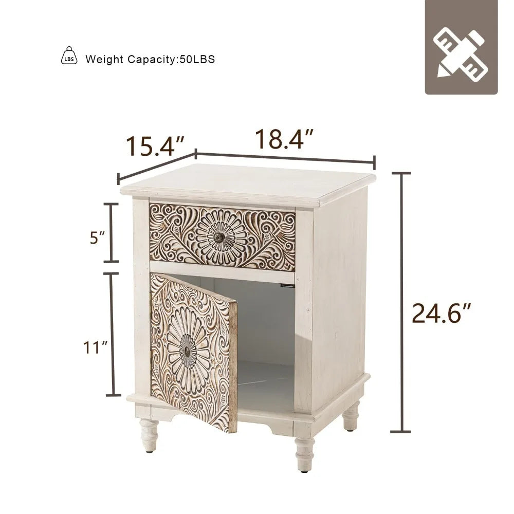 White Nightstand 2-Drawer & Storage Flower Motif