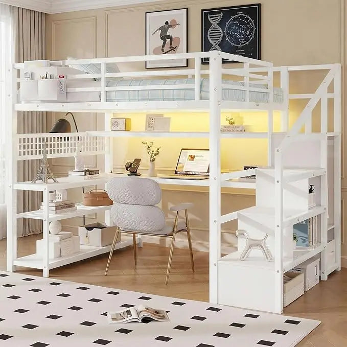 Full Size Loft Bed Frame w/Stairs, Desk, Storage Staircase, Charging Station & LED Light