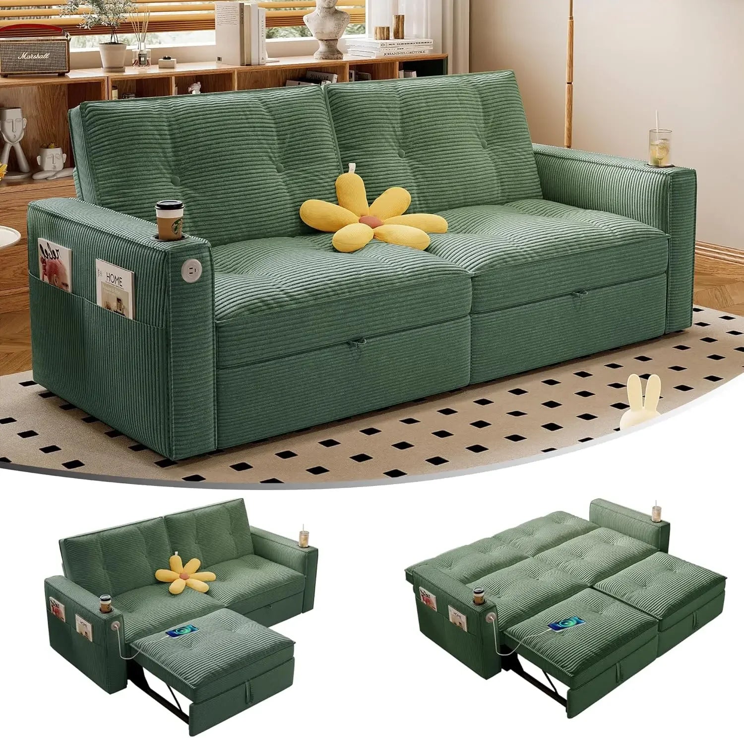 73" 2-Seater Queen Size Loveseat Sleeper Sofa, Pull Out Bed, USB