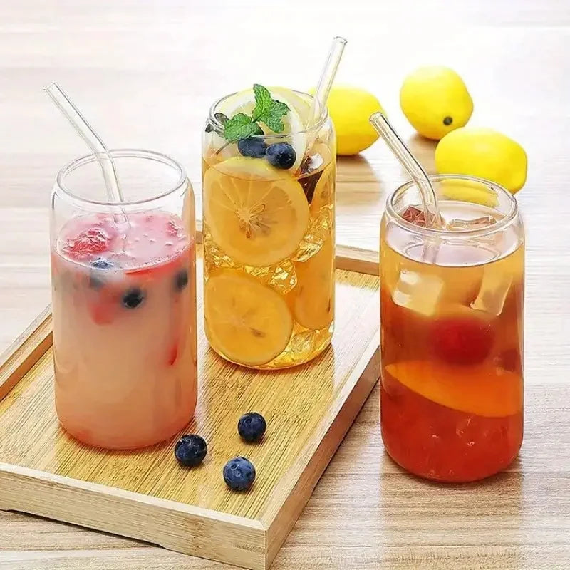 6pcs 18.6oz/550ml Drinking Glasses Bamboo Lids Glass Straw